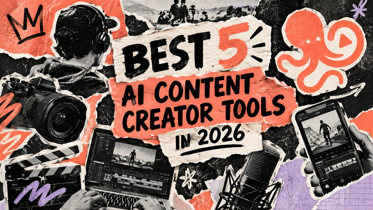Best 5 AI tools for content creators in 2027 cover, a creator at a laptop with icons for image, video, voice and text generation