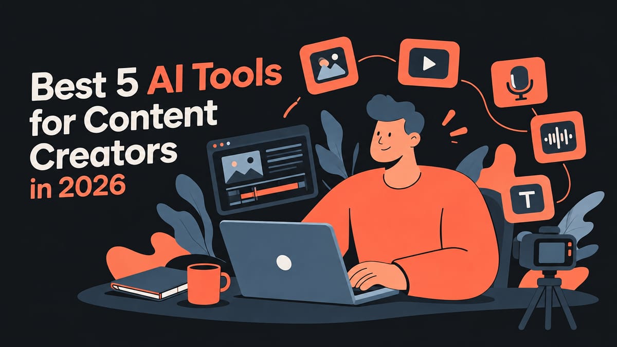 Best 5 AI tools for content creators in 2026 cover, a creator at a laptop with icons for image, video, voice and text generation