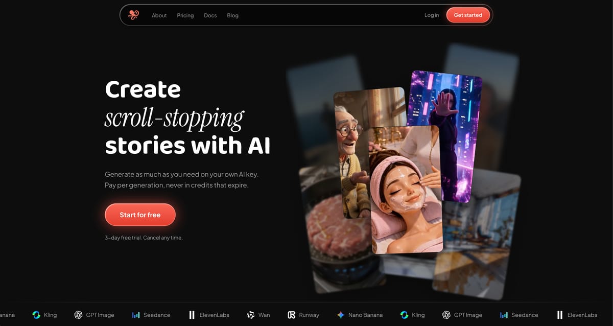 60 Minute Creator homepage showing AI-generated short videos and supported models including Kling, Seedance, Nano Banana, GPT Image and ElevenLabs