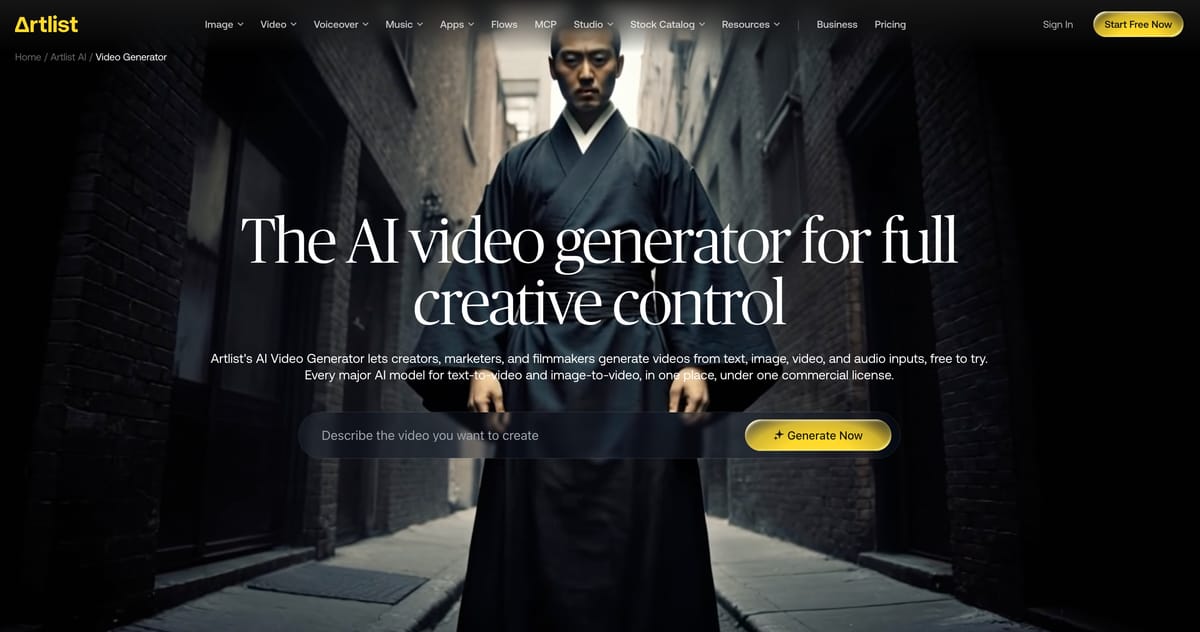 Artlist AI video generator page with the headline "The AI video generator for full creative control" and a prompt box