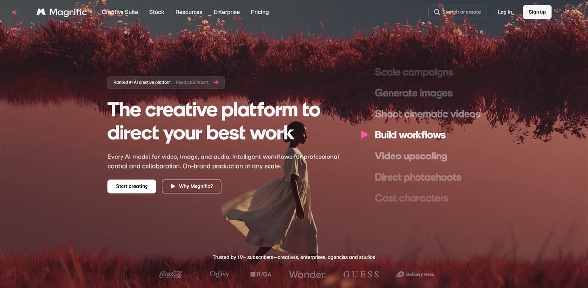 Magnific AI creative platform homepage, formerly Freepik, listing features like image generation, cinematic video, workflows and upscaling