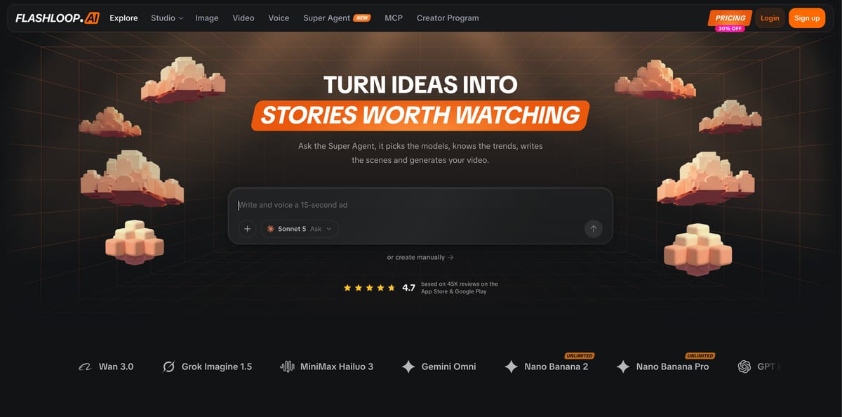 Flashloop AI video generator homepage with the Super Agent prompt box and the headline "Turn ideas into stories worth watching"