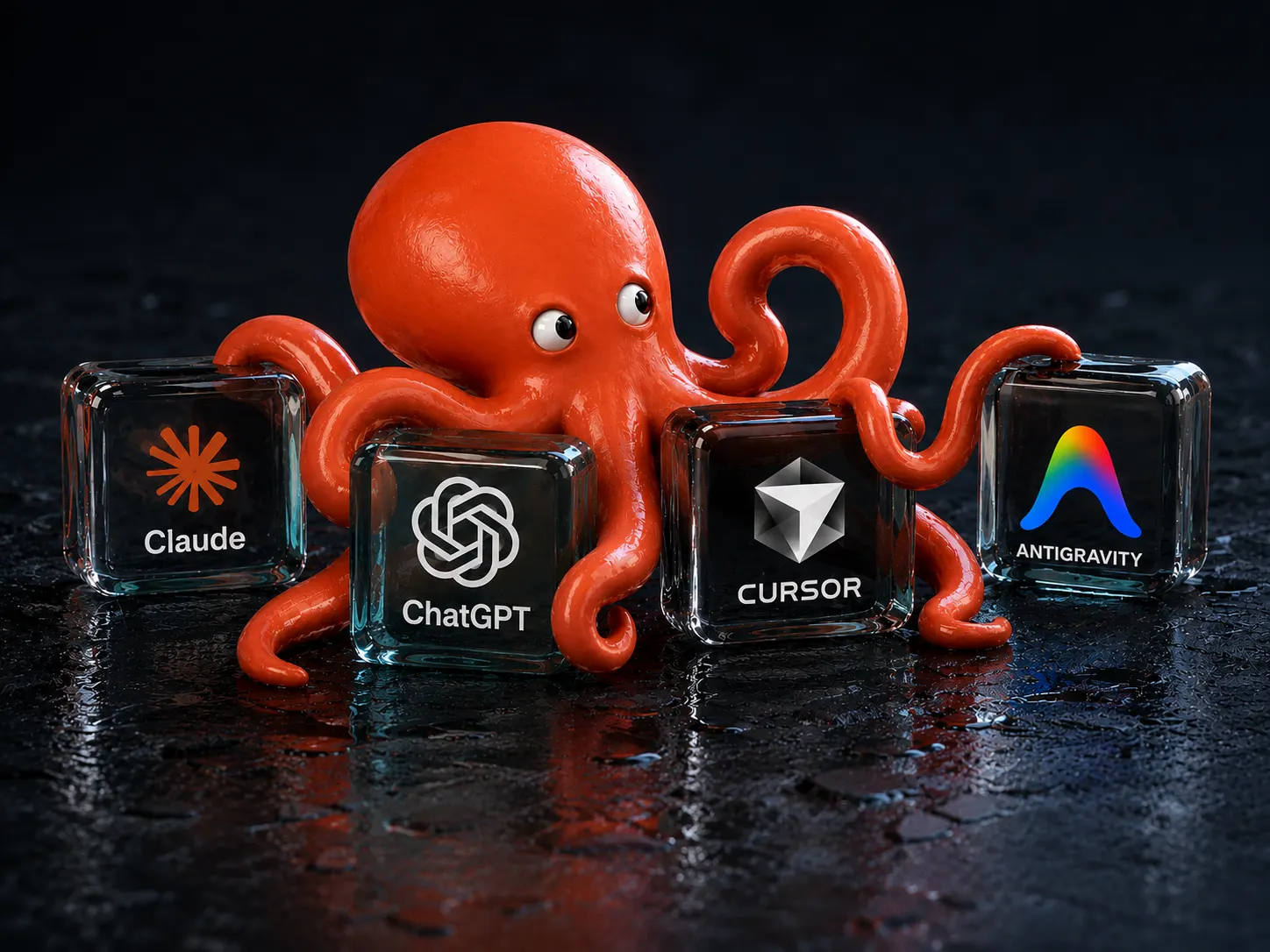 The 60 Minute Creator octopus holding glass blocks with the Claude, ChatGPT, Cursor, and Antigravity logos