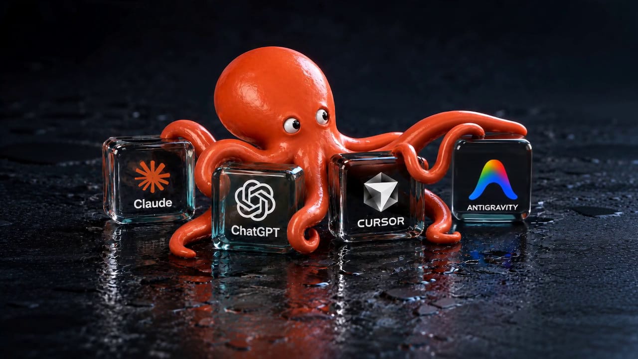 The 60 Minute Creator octopus holding glass blocks with the Claude, ChatGPT, Cursor, and Antigravity logos