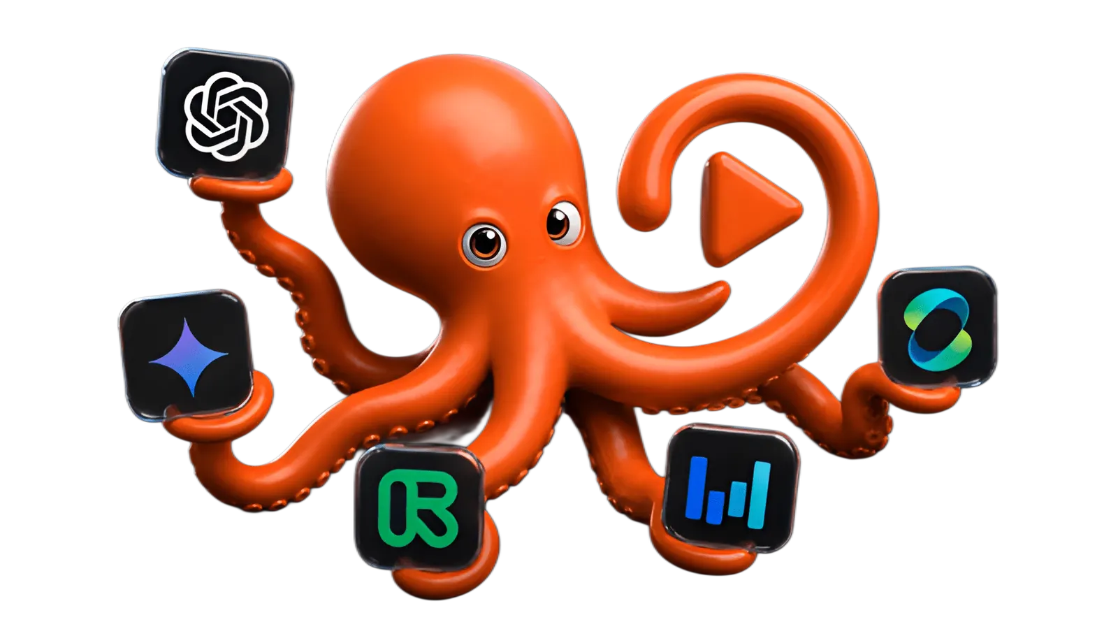 The 60 Minute Creator octopus holding glass AI app icons in its tentacles
