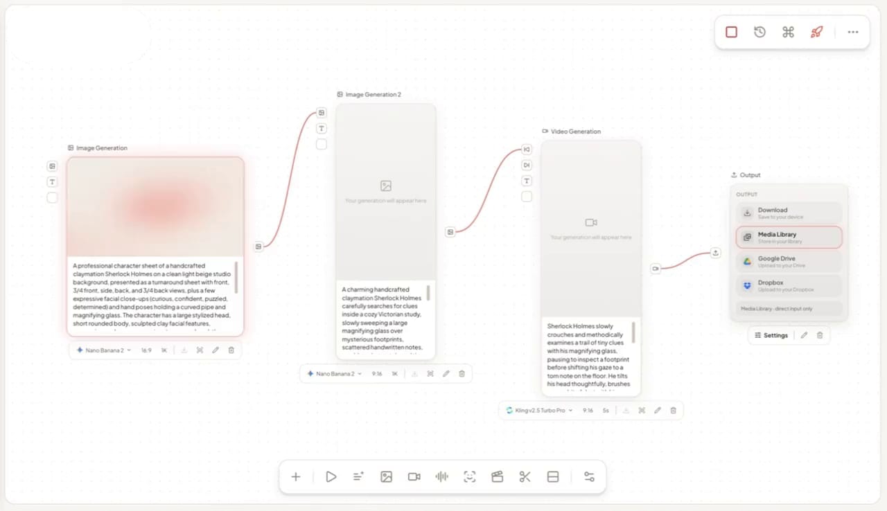 Workflow blocks connected on the 60 Minute Creator canvas