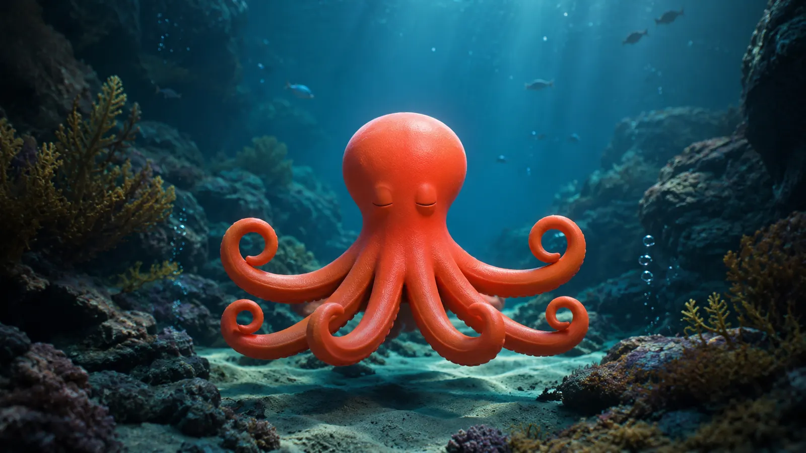 The 60 Minute Creator octopus resting on the seabed, everything in one place