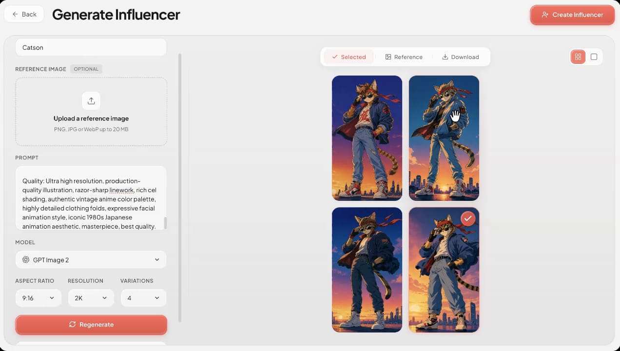 A reusable AI influencer keeping the same look and identity across generations in 60 Minute Creator