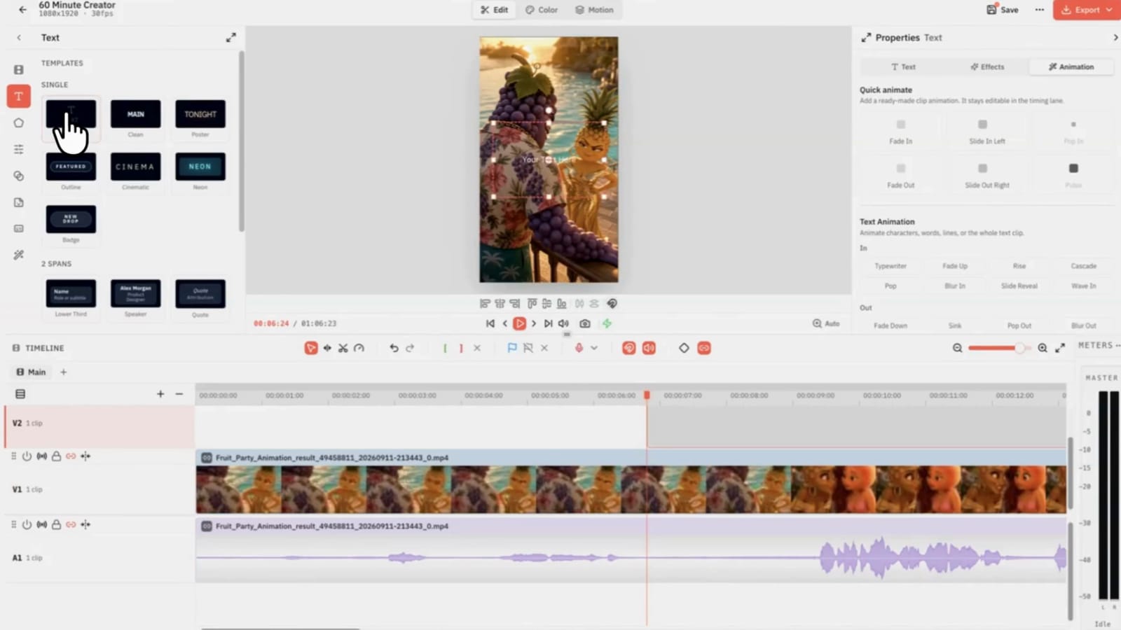 The 60 Minute Creator video editor with the media panel, the preview and a timeline holding a clip from a workflow run